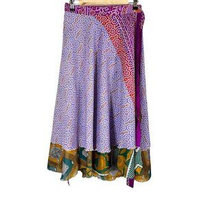 Retro Floral Wrap Midi Skirt L Pink Colorful Boho Hippie Indie Folk Patchwork